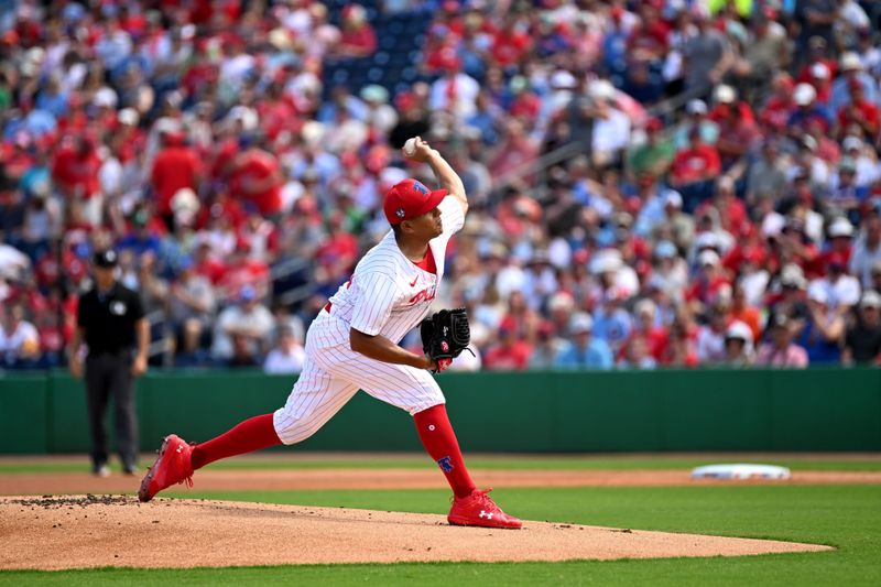 Mar 8, 2024; Clearwater, Florida, USA; Philadelphia Phillies pitcher Ranger Suarez (55) throws a pitch in the first inning of the spring training game against the Houston Astros at BayCare Ballpark. Mandatory Credit: Jonathan Dyer-USA TODAY Sports