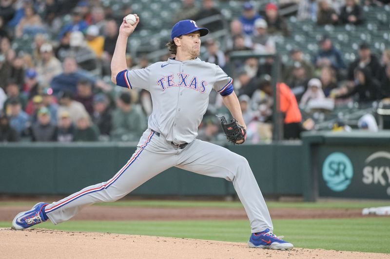 Apr 24, 2025; West Sacramento, California, USA; Texas Rangers pitcher Jacob deGrom (48) throws a pitch against the Athletics during the first inning at Sutter Health Park. Mandatory Credit: Ed Szczepanski-Imagn Images