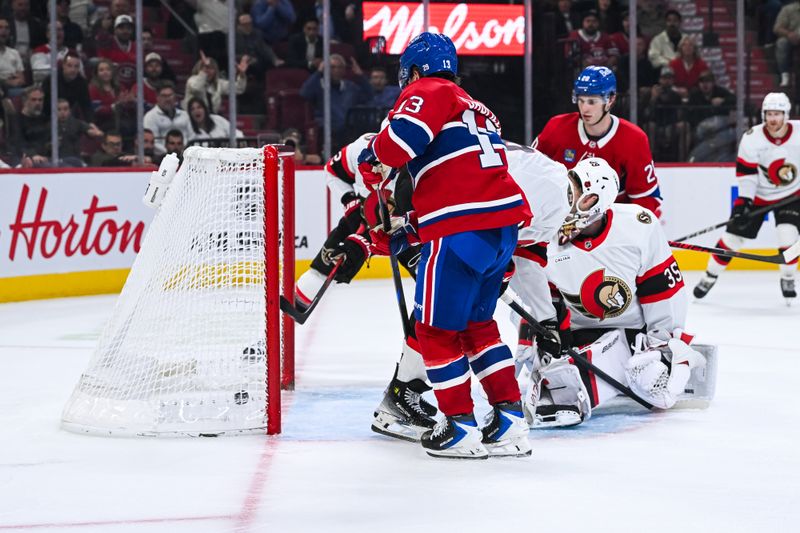 Oct 4, 2025; Montreal, Quebec, CAN; Montreal Canadiens right wing Cole Caufield (13) scores a goal against Ottawa Senators goalie Linus Ullmark (35) during the third period at Bell Centre. Mandatory Credit: David Kirouac-Imagn Images