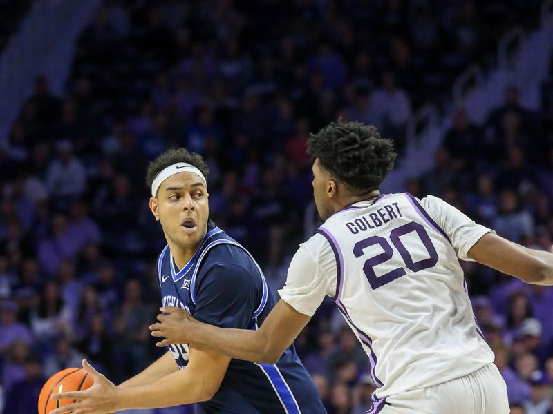 Feb 24, 2024; Manhattan, Kansas, USA; Brigham Young Cougars center Aly Khalifa (50) is guarded by Kansas State Wildcats forward Jerrell Colbert (20) during the second half at Bramlage Coliseum. Mandatory Credit: Scott Sewell-USA TODAY Sports