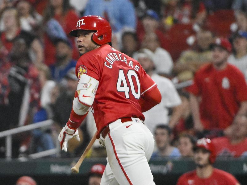 Jun 6, 2025; St. Louis, Missouri, USA;  St. Louis Cardinals first baseman Willson Contreras (40) runs down the line after hitting a solo home run against the Los Angeles Dodgers during the eighth inning at Busch Stadium. Mandatory Credit: Jeff Curry-Imagn Images