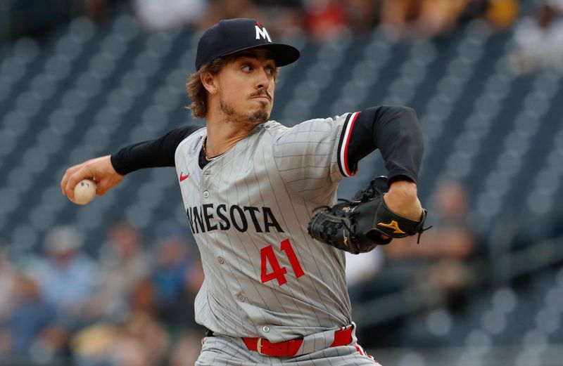 Jun 7, 2024; Pittsburgh, Pennsylvania, USA;  Minnesota Twins starting pitcher Joe Ryan (41) delivers a pitch against the Pittsburgh Pirates during the first inning at PNC Park. Mandatory Credit: Charles LeClaire-USA TODAY Sports