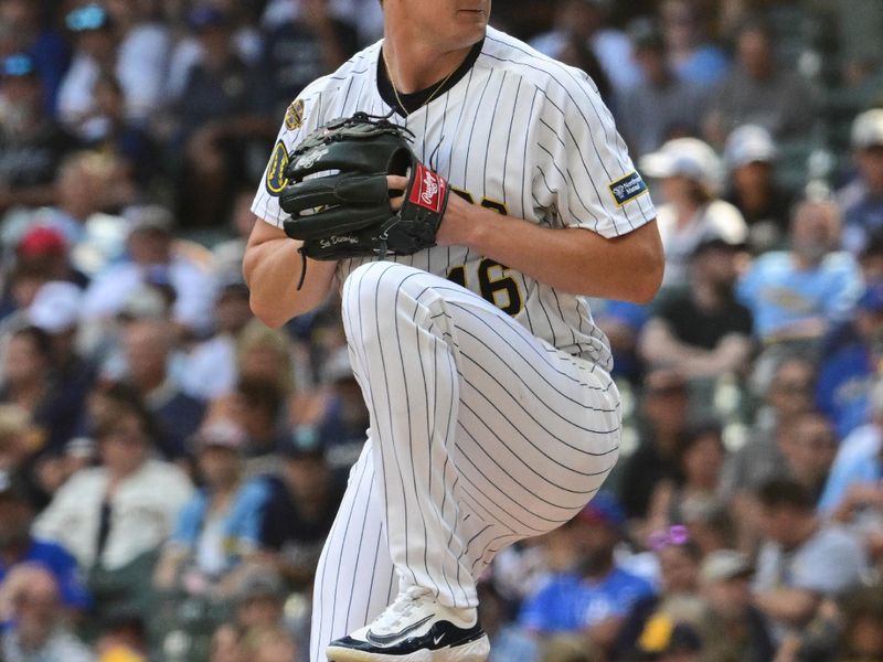 Jun 28, 2025; Milwaukee, Wisconsin, USA; Milwaukee Brewers starting pitcher Quinn Priester (46) throws a pitch in the first inning against the Colorado Rockies at American Family Field. Mandatory Credit: Benny Sieu-Imagn Images