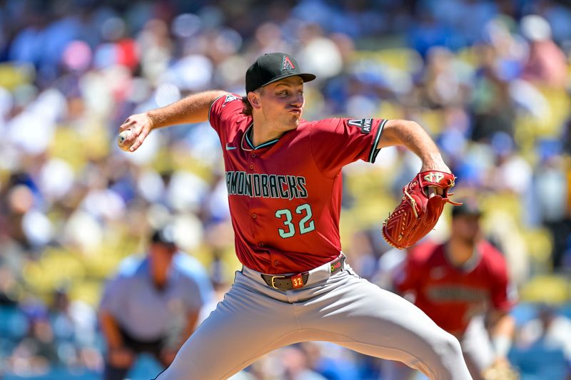 Aug 31, 2025; Los Angeles, California, USA; Arizona Diamondbacks starting pitcher Brandon Pfaadt (32) pitches during the first inning at Dodger Stadium. Mandatory Credit: Jayne Kamin-Oncea-Imagn Images