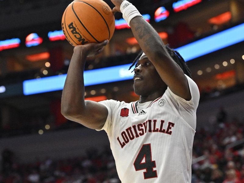 Nov 26, 2023; Louisville, Kentucky, USA;  Louisville Cardinals guard Ty-Laur Johnson (4) shoots against the New Mexico State Aggies during the second half at KFC Yum! Center. Louisville defeated New Mexico State 90-84. Mandatory Credit: Jamie Rhodes-USA TODAY Sports