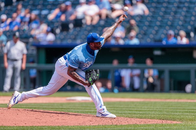 Jun 4, 2023; Kansas City, Missouri, USA; Kansas City Royals relief pitcher Aroldis Chapman (54) pitches during the eighth inning against the Colorado Rockies at Kauffman Stadium. Mandatory Credit: William Purnell-USA TODAY Sports