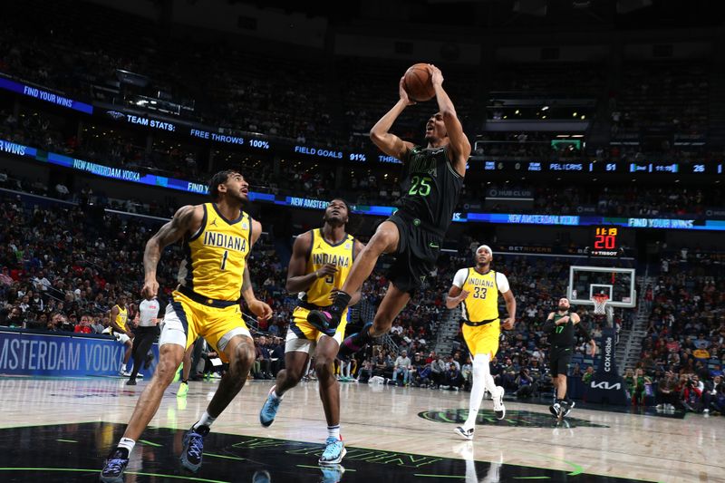 NEW ORLEANS, LA - MARCH 1:  Trey Murphy III #25 of the New Orleans Pelicans drives to the basket during the game against the Indiana Pacers on March 1, 2024 at the Smoothie King Center in New Orleans, Louisiana. NOTE TO USER: User expressly acknowledges and agrees that, by downloading and or using this Photograph, user is consenting to the terms and conditions of the Getty Images License Agreement. Mandatory Copyright Notice: Copyright 2024 NBAE (Photo by Layne Murdoch Jr./NBAE via Getty Images)