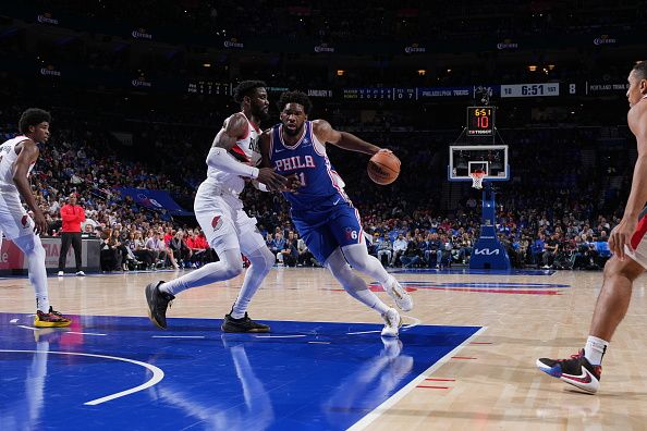 PHILADELPHIA, PA - OCTOBER 29: Joel Embiid #21 of the Philadelphia 76ers drives to the basket during the game against the Portland Trail Blazers on October 29, 2023 at the Wells Fargo Center in Philadelphia, Pennsylvania NOTE TO USER: User expressly acknowledges and agrees that, by downloading and/or using this Photograph, user is consenting to the terms and conditions of the Getty Images License Agreement. Mandatory Copyright Notice: Copyright 2023 NBAE (Photo by Jesse D. Garrabrant/NBAE via Getty Images)