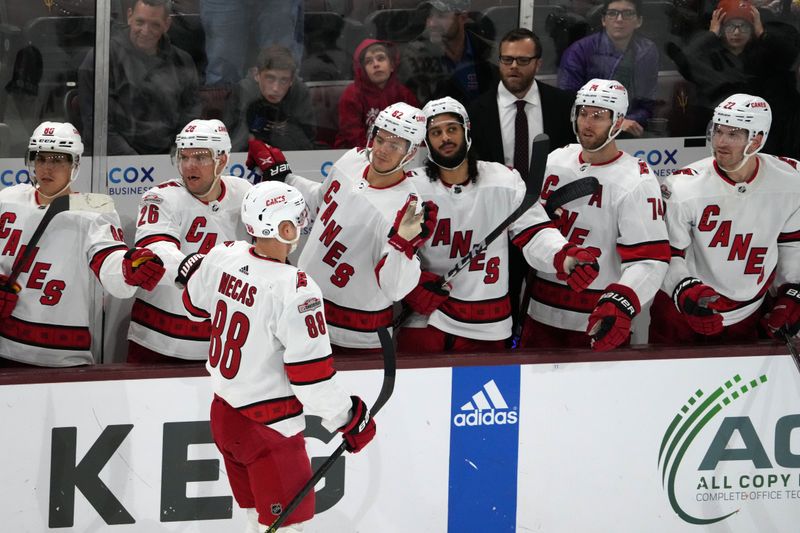 Mar 3, 2023; Tempe, Arizona, USA; Carolina Hurricanes center Martin Necas (88) celebrates his goal against the Arizona Coyotes during the third period at Mullett Arena. Mandatory Credit: Joe Camporeale-USA TODAY Sports