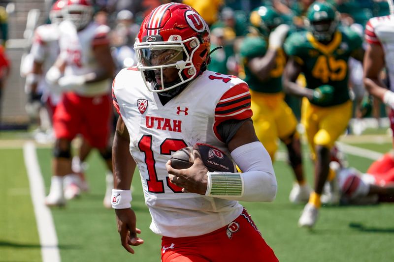 Sep 9, 2023; Waco, Texas, USA; Utah Utes quarterback Nate Johnson (13) carries the ball against the Baylor Bears during the second half at McLane Stadium. Mandatory Credit: Raymond Carlin III-USA TODAY Sports