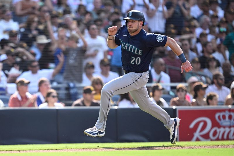 Jul 10, 2024; San Diego, California, USA; Seattle Mariners right fielder Luke Raley (20) advances home to score a run against the San Diego Padres during the fourth inning at Petco Park. Mandatory Credit: Orlando Ramirez-USA TODAY Sports