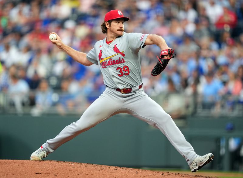 Aug 9, 2024; Kansas City, Missouri, USA; St. Louis Cardinals starting pitcher Miles Mikolas (39) pitches during the second inning against the Kansas City Royals at Kauffman Stadium. Mandatory Credit: Jay Biggerstaff-USA TODAY Sports