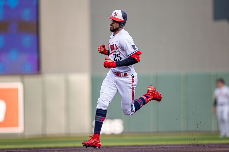 May 23, 2023; Minneapolis, Minnesota, USA; Minnesota Twins designated hitter Byron Buxton (25) rounds the bases after hitting a two run home run in the first inning against the San Francisco Giants at Target Field. Mandatory Credit: Jesse Johnson-USA TODAY Sports