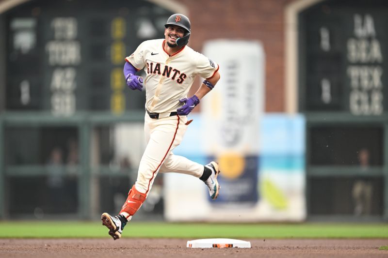 Sep 28, 2025; San Francisco, California, USA;  San Francisco Giants shortstop Willy Adames (2) runs the bases after his solo home run against the Colorado Rockies in the first inning at Oracle Park. Mandatory Credit: Eakin Howard-Imagn Images