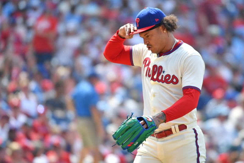 Aug 6, 2023; Philadelphia, Pennsylvania, USA; Philadelphia Phillies starting pitcher Taijuan Walker (99) walks off the mound after during the seventh inning against the Kansas City Royals at Citizens Bank Park. Mandatory Credit: Eric Hartline-USA TODAY Sports