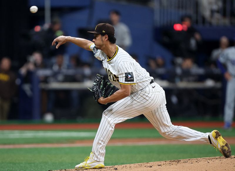 [US, Mexico & Canada customers only] March 20, 2024; Seoul, SOUTH KOREA;  San Diego Padres pitcher Yu Darvish throws against the Los Angeles Dodgers during a MLB regular season Seoul Series game at Gocheok Sky Dome. Mandatory Credit: Kim Hong-Ji/Reuters via USA TODAY Sports