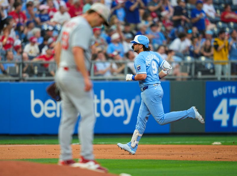 May 16, 2025; Kansas City, Missouri, USA; Kansas City Royals first baseman Vinnie Pasquantino (9) rounds the bases after hitting a home run off of St. Louis Cardinals starting pitcher Andre Pallante (53) during the fourth inning at Kauffman Stadium. Mandatory Credit: Jay Biggerstaff-Imagn Images
