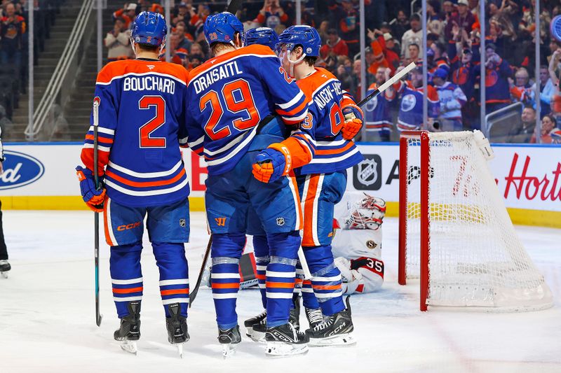 Mar 3, 2026; Edmonton, Alberta, CAN; The Edmonton Oilers celebrate a goal scored by forward Ryan Nugent-Hopkins (93) during the third period against the Ottawa Senators at Rogers Place. Mandatory Credit: Perry Nelson-Imagn Images