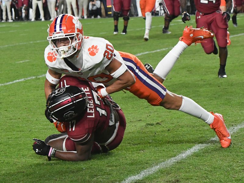 Nov 25, 2023; Columbia, South Carolina, USA; Clemson Tigers corner back Avieon Terrell (20) tackles South Carolina Gamecocks receiver Xavier Legette (17) at the one-yard line during the first quarter at Williams-Brice Stadium. Mandatory Credit: Ken Ruinard-USA TODAY Sports