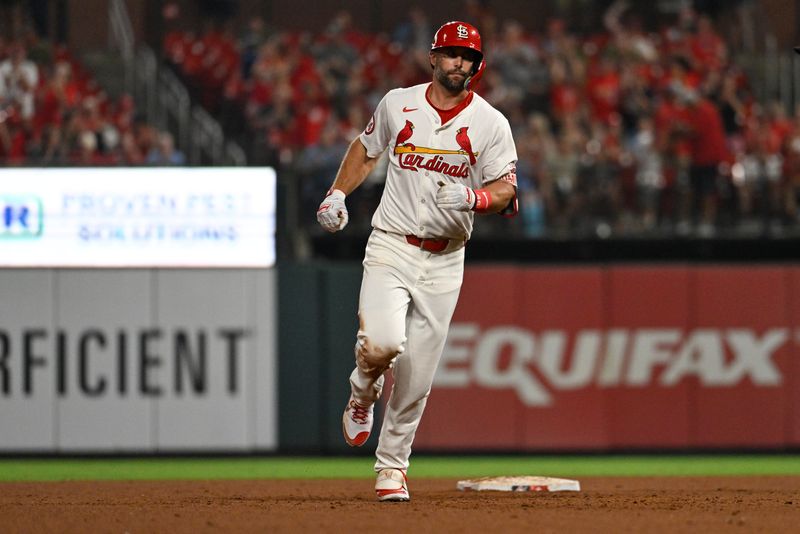 Jul 26, 2024; St. Louis, Missouri, USA; St. Louis Cardinals first baseman Paul Goldschmidt (46) runs the bases after hitting a home run on his 2000th MLB hit during the tenth inning in a baseball game against the Washington Nationals at Busch Stadium. Mandatory Credit: Jeff Le-USA TODAY Sports