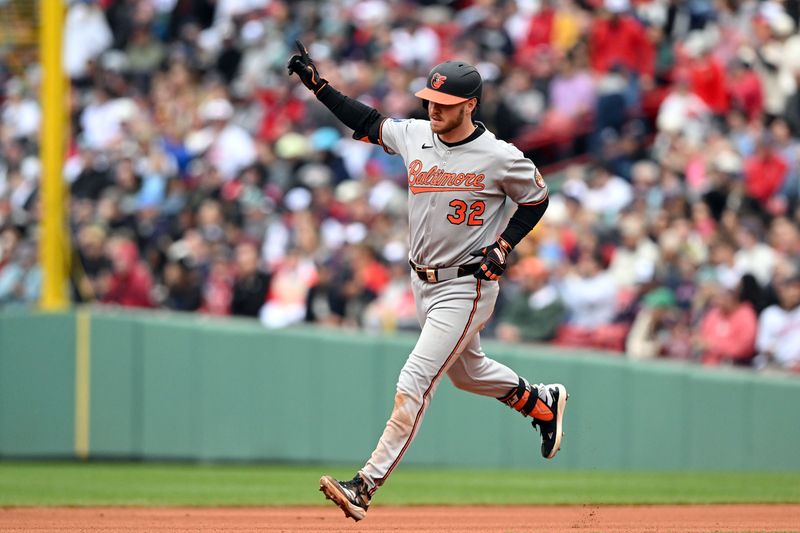 May 25, 2025; Boston, Massachusetts, USA; Baltimore Orioles right fielder Ryan O'Hearn (32) runs the bases after hitting a solo home run against the Boston Red Sox during the sixth inning at Fenway Park. Mandatory Credit: Brian Fluharty-Imagn Images