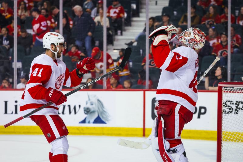 Feb 17, 2024; Calgary, Alberta, CAN; Detroit Red Wings goaltender James Reimer (47) celebrates win over Calgary Flames at Scotiabank Saddledome. Mandatory Credit: Sergei Belski-USA TODAY Sports