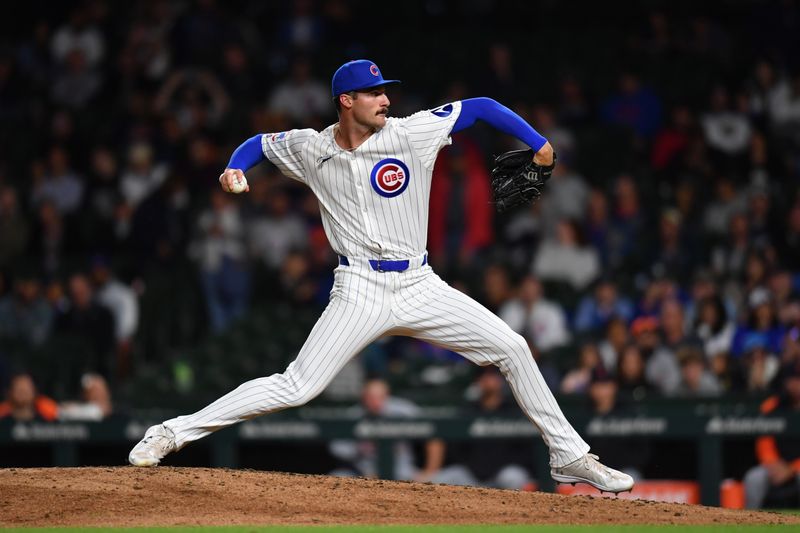 Aug 21, 2024; Chicago, Illinois, USA; Chicago Cubs relief pitcher Jack Neely (47) makes his first pitch in his MLB debut during the ninth inning against the Detroit Tigers at Wrigley Field. Mandatory Credit: Patrick Gorski-USA TODAY Sports
