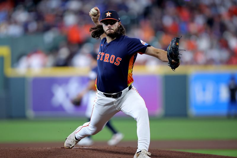 Jul 28, 2024; Houston, Texas, USA; Houston Astros starting pitcher Spencer Arrighetti (41) delivers a pitch against the Los Angeles Dodgers during the first inning at Minute Maid Park. Mandatory Credit: Erik Williams-USA TODAY Sports