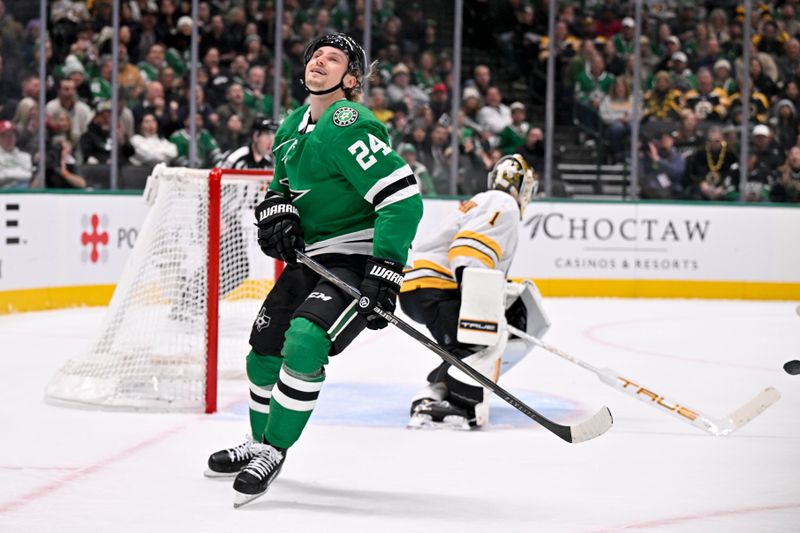 Jan 20, 2026; Dallas, Texas, USA;  Dallas Stars center Roope Hintz (24) reacts to missing a shot against Boston Bruins goaltender Jeremy Swayman (1) during the second period at the American Airlines Center. Mandatory Credit: Jerome Miron-Imagn Images