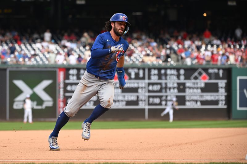 Sep 1, 2024; Washington, District of Columbia, USA; Chicago Cubs shortstop Dansby Swanson (7) sprints to third base against the Washington Nationals during the seventh inning at Nationals Park. Mandatory Credit: Rafael Suanes-USA TODAY Sports