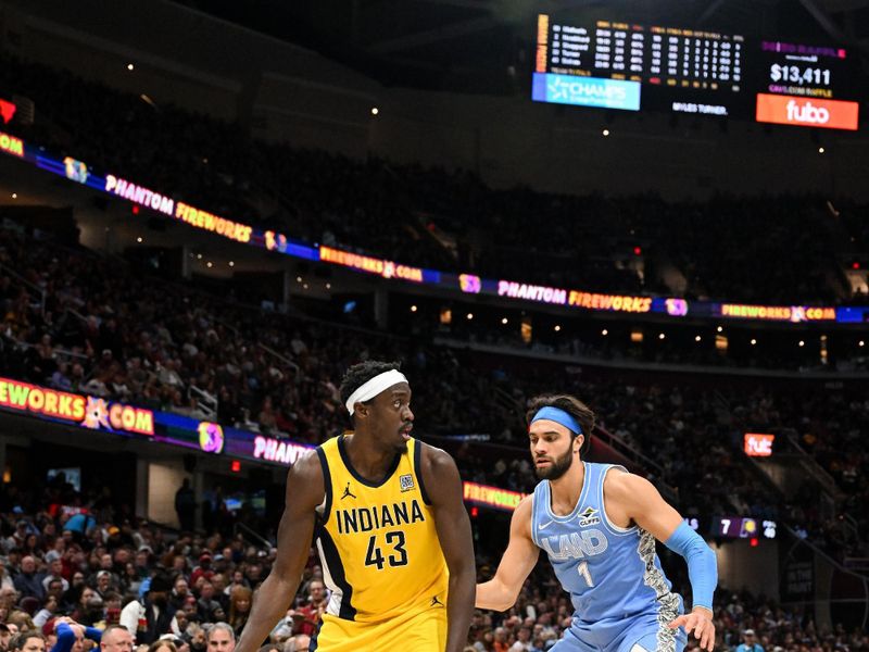 CLEVELAND, OH - JANUARY 12: Pascal Siakam #43 of the Indiana Pacers handles the ball during the game against the Cleveland Cavaliers on January 12, 2025 at Rocket Mortgage FieldHouse in Cleveland, Ohio. NOTE TO USER: User expressly acknowledges and agrees that, by downloading and/or using this Photograph, user is consenting to the terms and conditions of the Getty Images License Agreement. Mandatory Copyright Notice: Copyright 2025 NBAE (Photo by Brian Kolin/NBAE via Getty Images)