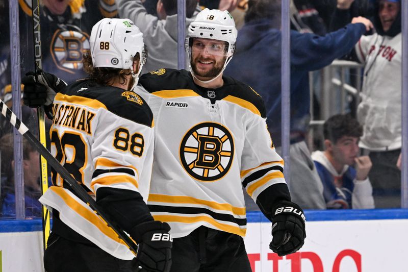 Nov 27, 2024; Elmont, New York, USA;  Boston Bruins center Pavel Zacha (18) celebrates his goal with Boston Bruins right wing David Pastrnak (88) against the New York Islanders during the third period at UBS Arena. Mandatory Credit: Dennis Schneidler-Imagn Images