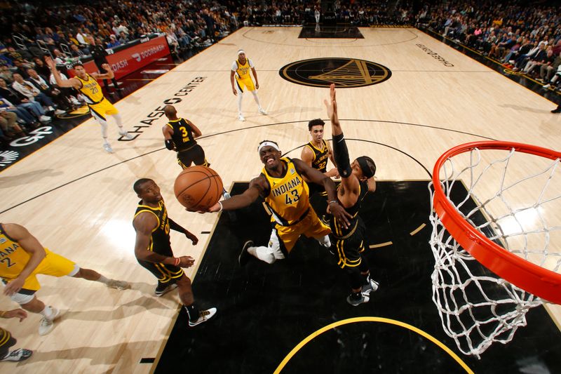 SAN FRANCISCO, CA - MARCH 22: Pascal Siakam #43 of the Indiana Pacers shoots the ball during the game against the Golden State Warriors on March 22, 2024 at Chase Center in San Francisco, California. NOTE TO USER: User expressly acknowledges and agrees that, by downloading and or using this photograph, user is consenting to the terms and conditions of Getty Images License Agreement. Mandatory Copyright Notice: Copyright 2024 NBAE (Photo by Jed Jacobsohn/NBAE via Getty Images)