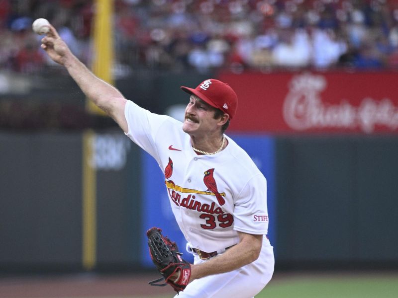 Jul 27, 2023; St. Louis, Missouri, USA; St. Louis Cardinals starting pitcher Miles Mikolas (39) pitches against the Chicago Cubs in the first inning at Busch Stadium. Mandatory Credit: Joe Puetz-USA TODAY Sports