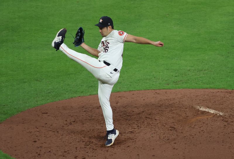 Sep 19, 2024; Houston, Texas, USA;   Houston Astros starting pitcher Yusei Kikuchi (16) pitches against the Los Angeles Angels in the fifth inning at Minute Maid Park. Mandatory Credit: Thomas Shea-Imagn Images