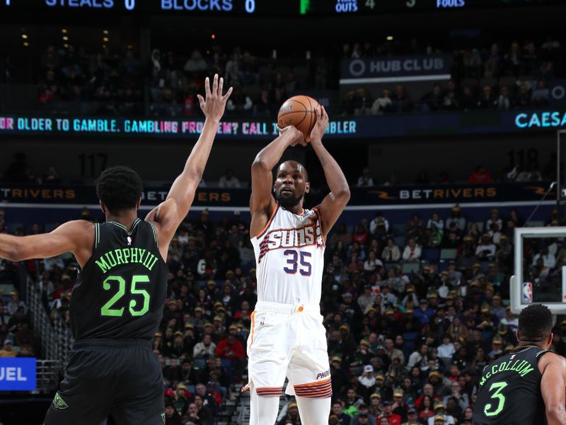 NEW ORLEANS, LA - JANUARY 19: Kevin Durant #35 of the Phoenix Suns shoots the ball during the game against the New Orleans Pelicans on January 19, 2024 at the Smoothie King Center in New Orleans, Louisiana. NOTE TO USER: User expressly acknowledges and agrees that, by downloading and or using this Photograph, user is consenting to the terms and conditions of the Getty Images License Agreement. Mandatory Copyright Notice: Copyright 2024 NBAE (Photo by Layne Murdoch Jr./NBAE via Getty Images)