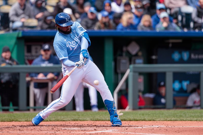 Apr 16, 2023; Kansas City, Missouri, USA; Kansas City Royals right fielder Franmil Reyes (99) at bat during the third inning against the Atlanta Braves at Kauffman Stadium. Mandatory Credit: William Purnell-USA TODAY Sports