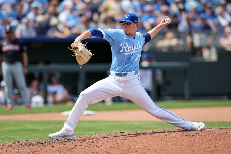 Jun 30, 2024; Kansas City, Missouri, USA; Kansas City Royals pitcher Sam Long (73) pitches during the eighth inning against the Cleveland Guardians at Kauffman Stadium. Mandatory Credit: William Purnell-USA TODAY Sports