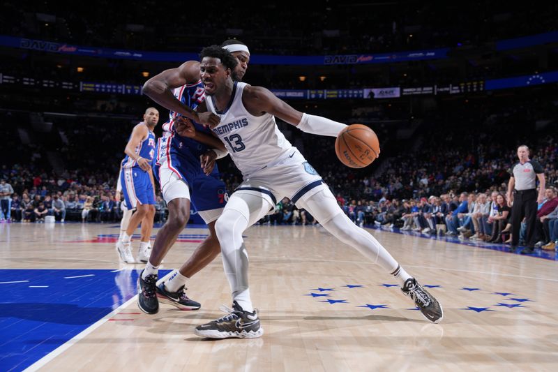 PHILADELPHIA, PA - MARCH 6: Jaren Jackson Jr. #13 of the Memphis Grizzlies handles the ball during the game against the Philadelphia 76ers on March 6, 2024 at the Wells Fargo Center in Philadelphia, Pennsylvania NOTE TO USER: User expressly acknowledges and agrees that, by downloading and/or using this Photograph, user is consenting to the terms and conditions of the Getty Images License Agreement. Mandatory Copyright Notice: Copyright 2024 NBAE (Photo by Jesse D. Garrabrant/NBAE via Getty Images)