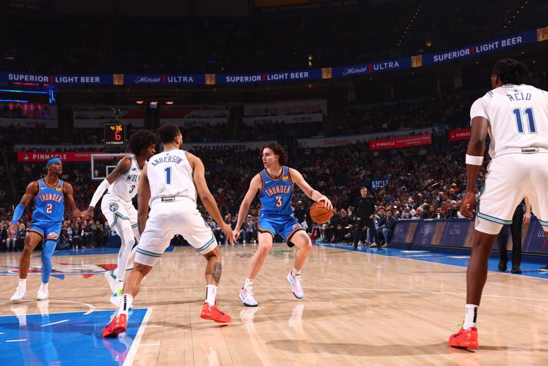 OKLAHOMA CITY, OK - JANUARY 29: Josh Giddey #3 of the Oklahoma City Thunder handles the ball during the game against the Minnesota Timberwolves on January 29, 2024 at Paycom Arena in Oklahoma City, Oklahoma. NOTE TO USER: User expressly acknowledges and agrees that, by downloading and or using this photograph, User is consenting to the terms and conditions of the Getty Images License Agreement. Mandatory Copyright Notice: Copyright 2024 NBAE (Photo by Zach Beeker/NBAE via Getty Images)