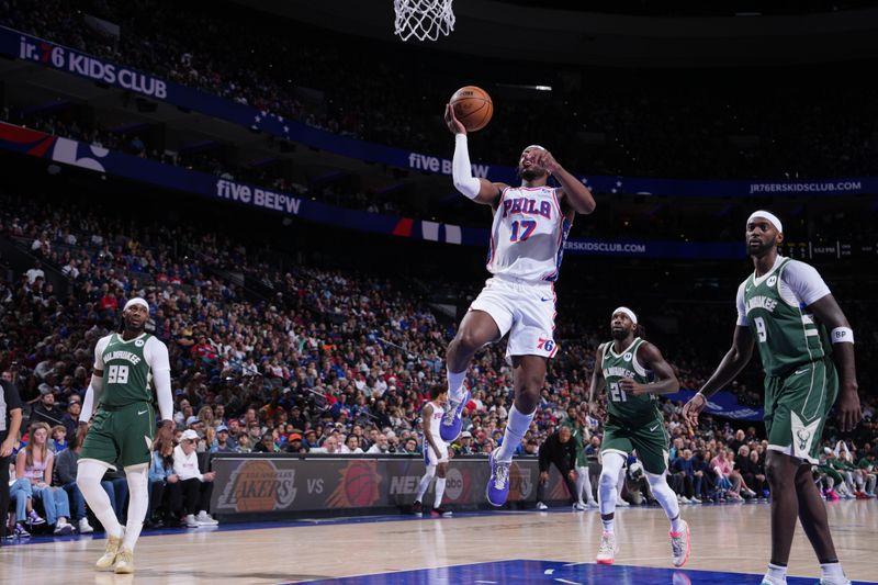 PHILADELPHIA, PA - FEBRUARY 25: Buddy Hield #17 of the Philadelphia 76ers drives to the basket during the game against the Milwaukee Bucks on February 25, 2024 at the Wells Fargo Center in Philadelphia, Pennsylvania NOTE TO USER: User expressly acknowledges and agrees that, by downloading and/or using this Photograph, user is consenting to the terms and conditions of the Getty Images License Agreement. Mandatory Copyright Notice: Copyright 2024 NBAE (Photo by Jesse D. Garrabrant/NBAE via Getty Images)