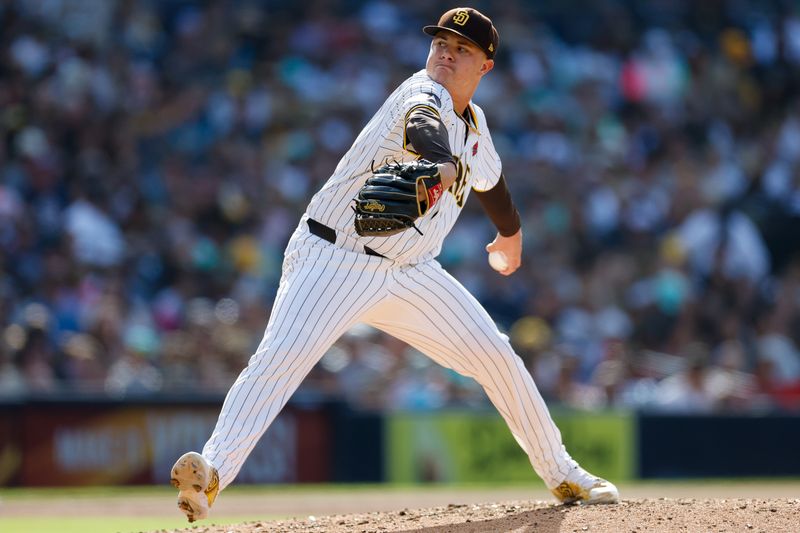 May 27, 2024; San Diego, California, USA; San Diego Padres relief pitcher Adrian Morejon (50) throws a pitch during the sixth inning against the Miami Marlins at Petco Park. Mandatory Credit: David Frerker-USA TODAY Sports