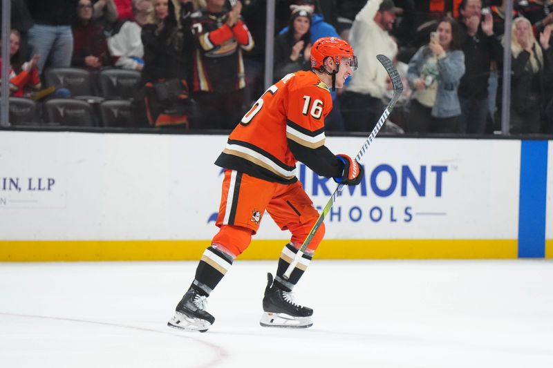 Dec 31, 2024; Anaheim, California, USA; Anaheim Ducks center Ryan Strome (16) celebrates after scoring a goal ijn the third period against the New Jersey Devils at Honda Center. Mandatory Credit: Kirby Lee-Imagn Images