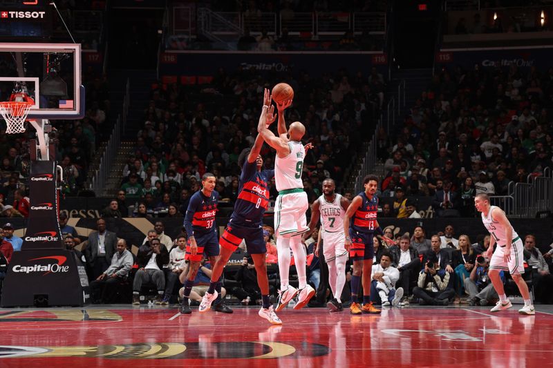 WASHINGTON, DC -? NOVEMBER 22: Derrick White #9 of the Boston Celtics shoots the ball during the game against the Washington Wizards during the Emirates NBA Cup game on November 22, 2024 at Capital One Arena in Washington, DC. NOTE TO USER: User expressly acknowledges and agrees that, by downloading and or using this Photograph, user is consenting to the terms and conditions of the Getty Images License Agreement. Mandatory Copyright Notice: Copyright 2024 NBAE (Photo by Stephen Gosling/NBAE via Getty Images)