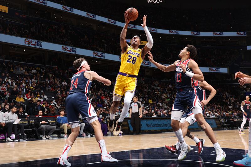 WASHINGTON, DC -? APRIL 3: Rui Hachimura #28 of the Los Angeles Lakers shoots the ball during the game against the Washington Wizards on April 3, 2024 at Capital One Arena in Washington, DC. NOTE TO USER: User expressly acknowledges and agrees that, by downloading and or using this Photograph, user is consenting to the terms and conditions of the Getty Images License Agreement. Mandatory Copyright Notice: Copyright 2024 NBAE (Photo by Stephen Gosling/NBAE via Getty Images)