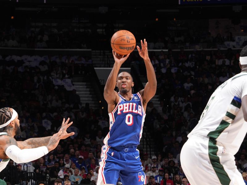 PHILADELPHIA, PA - OCTOBER 23: Tyrese Maxey #0 of the Philadelphia 76ers shoots the ball during the game against the Milwaukee Bucks on October 23, 2024 at the Wells Fargo Center in Philadelphia, Pennsylvania NOTE TO USER: User expressly acknowledges and agrees that, by downloading and/or using this Photograph, user is consenting to the terms and conditions of the Getty Images License Agreement. Mandatory Copyright Notice: Copyright 2024 NBAE (Photo by Jesse D. Garrabrant/NBAE via Getty Images)