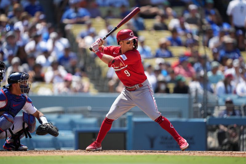 Jul 30, 2023; Los Angeles, California, USA; Cincinnati Reds shortstop Matt McLain (9) bats against the Los Angeles Dodgers at Dodger Stadium. Mandatory Credit: Kirby Lee-USA TODAY Sports