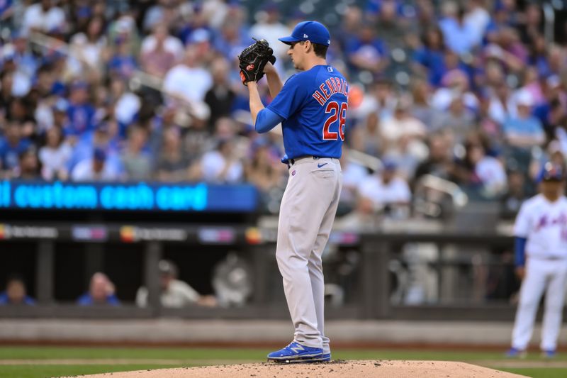 Aug 9, 2023; New York City, New York, USA; Chicago Cubs starting pitcher Kyle Hendricks (28) pitches against the New York Mets during the first inning at Citi Field. Mandatory Credit: John Jones-USA TODAY Sports