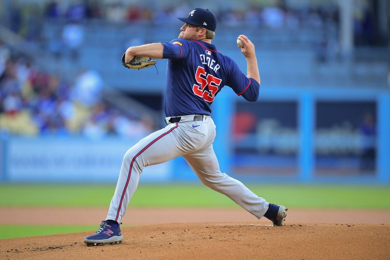 May 4, 2024; Los Angeles, California, USA; Atlanta Braves pitcher Bryce Elder (55) throws against the Los Angeles Dodgers during the first inning at Dodger Stadium. Mandatory Credit: Gary A. Vasquez-USA TODAY Sports