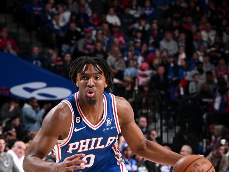 PHILADELPHIA, PA - FEBRUARY 1: Tyrese Maxey #0 of the Philadelphia 76ers dribbles the ball during the game against the Orlando Magic on February 1, 2023 at the Wells Fargo Center in Philadelphia, Pennsylvania NOTE TO USER: User expressly acknowledges and agrees that, by downloading and/or using this Photograph, user is consenting to the terms and conditions of the Getty Images License Agreement. Mandatory Copyright Notice: Copyright 2023 NBAE (Photo by David Dow/NBAE via Getty Images)